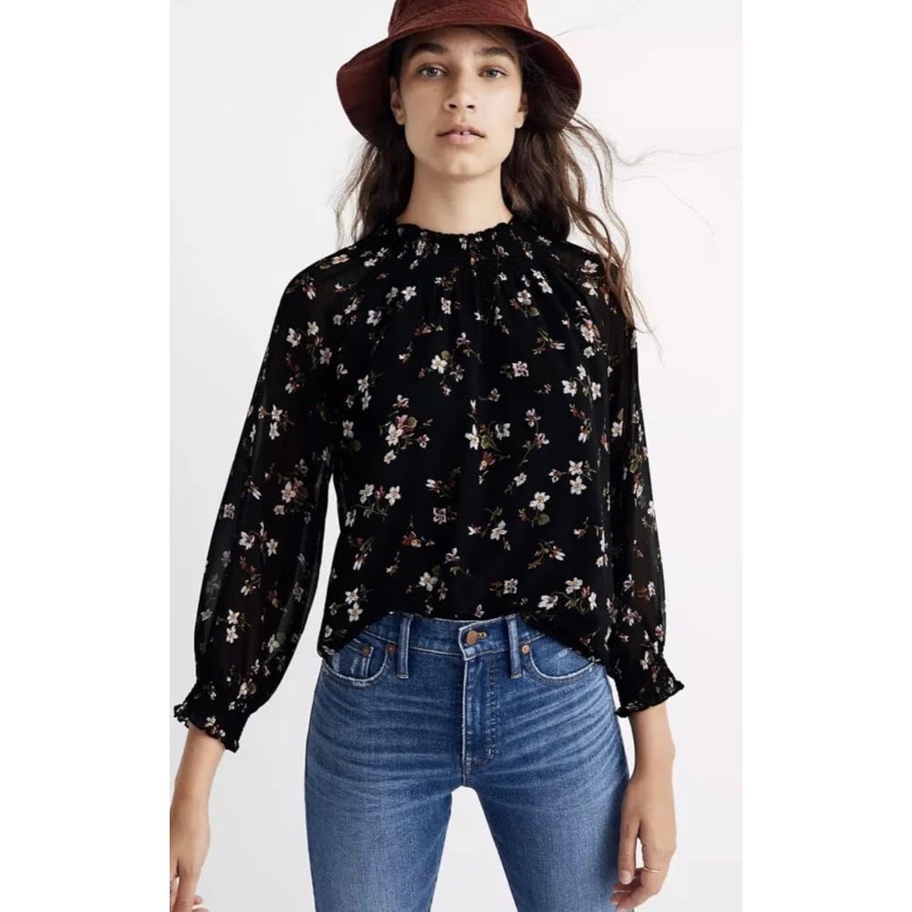 Madewell Floral Mockneck Top in Backyard‎ Blooms Smocked Sheer Sleeves Size 1X